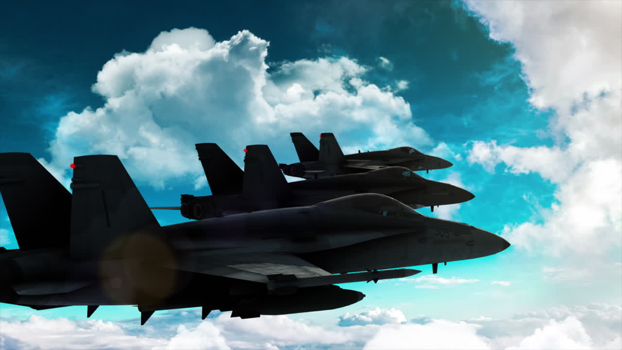 4K Aerial three F18 Hornet flying in formations and rolling left