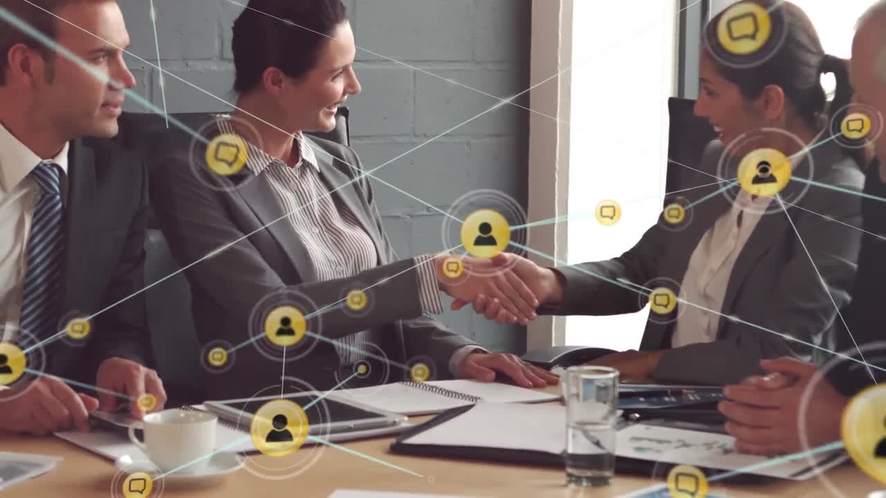 animación de la red de conexiones con iconos sobre personas de negocios en la oficina