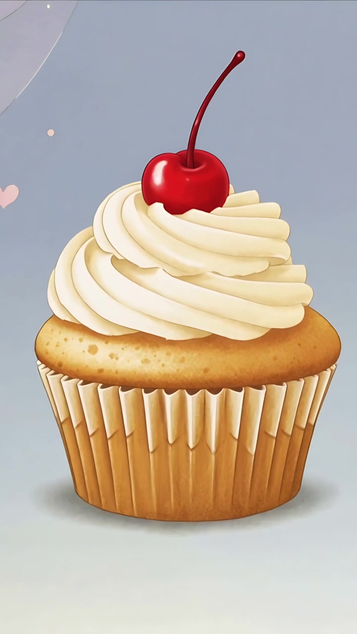 Video verticale: Spostando un cupcake in cornici con pirottino, sollevando una ciliegia e il suo gambo per il movimento sul set.