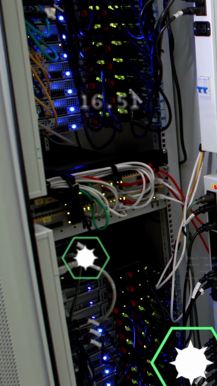 Video verticale: Carrellata della telecamera su un rack, overlay esagonali che tracciano i LED, valori che si aggiornano per i creatori di tecnologia