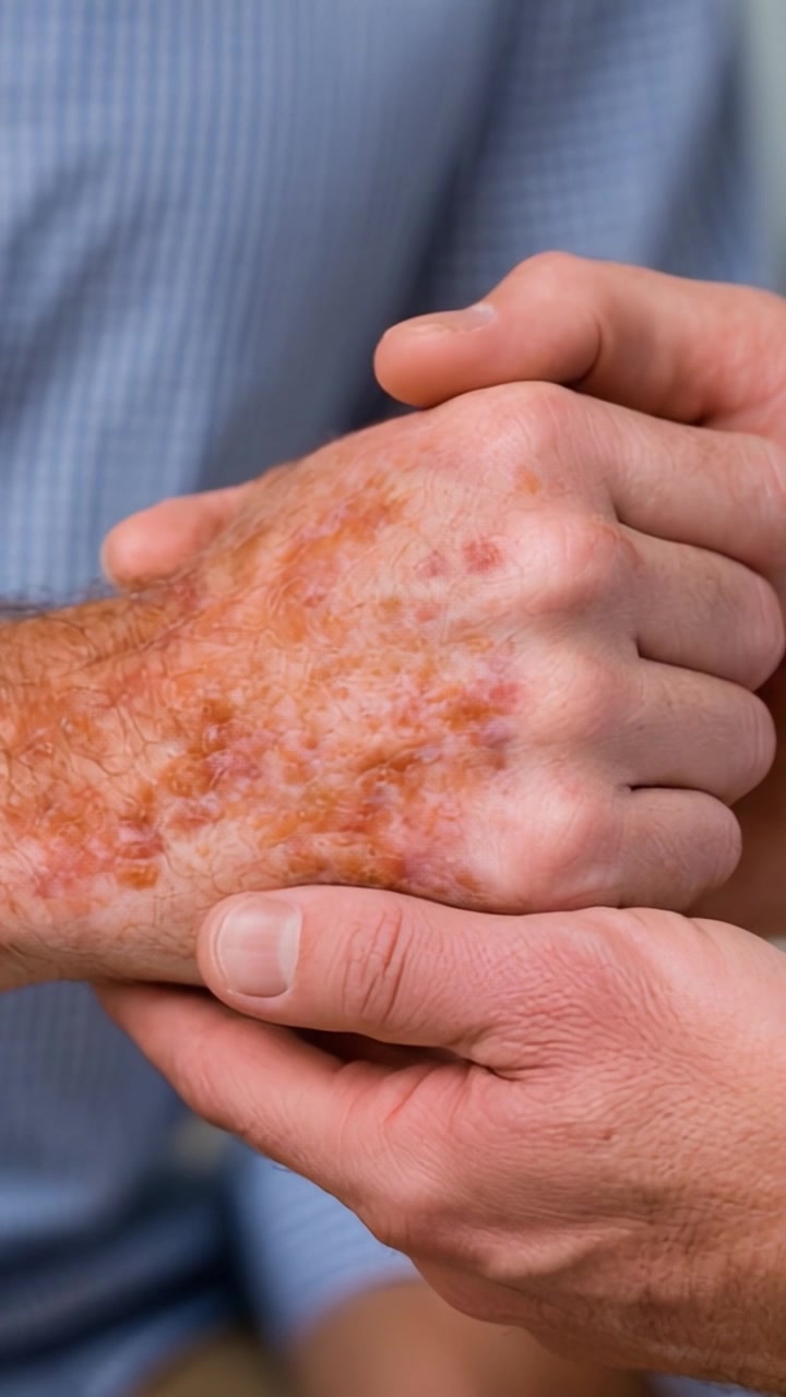 Close-up View of Two Hands Showcasing Skin Condition with Visible Discoloration and Texture Changes, Emphasizing the Texture and Symptoms of Dermatitis or Eczema