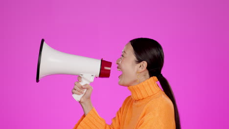 megaphone, voice and opinion with asian woman