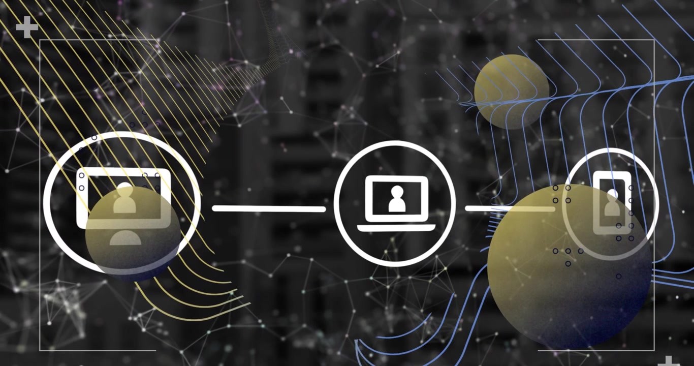 Animation of computer screens and phone screen with profiles in circles against abstract background