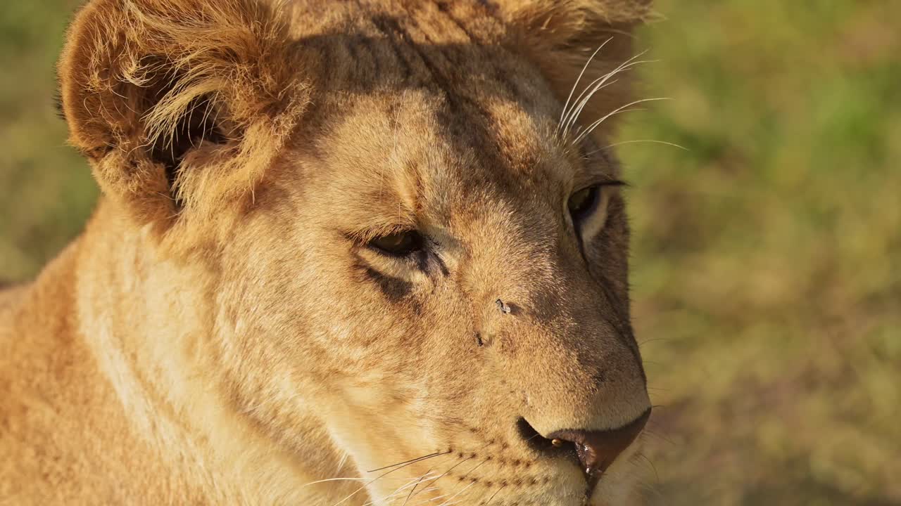 león, leona hembra áfrica vida silvestre animal de safari en la reserva nacional africana de masai mara en kenia, mirando el retrato de la cámara de cerca detalle de la cara y los ojos en la hermosa masai mara