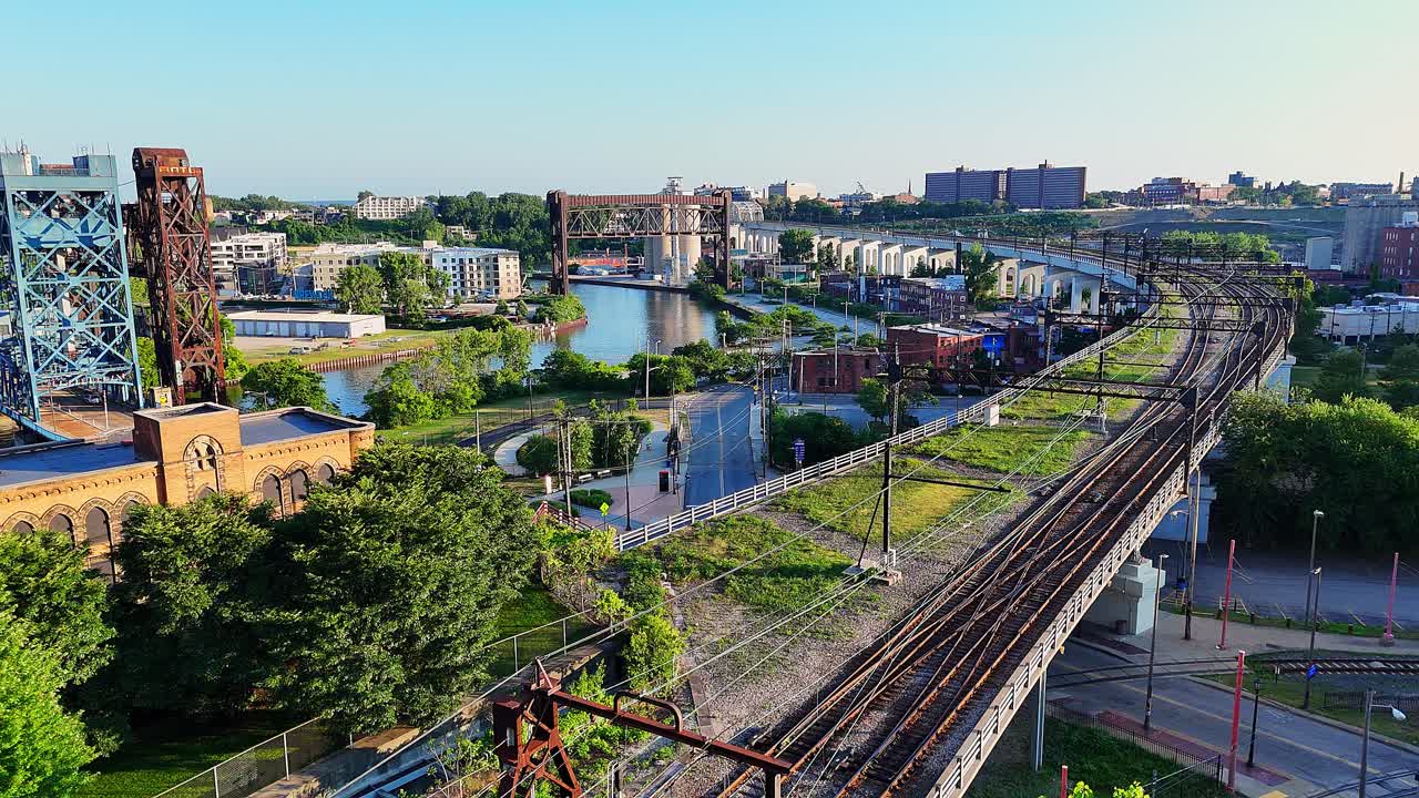 Subway and rail road tracks over Cuyahoga River Irishtown Bend Neighborhood, Cleveland Ohio, USA