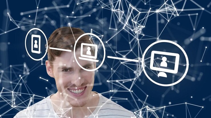 Animation of digital icons with networks of connections over smiling caucasian man
