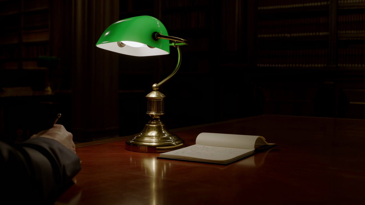 Green Banker Lamp On Wooden Desk Illuminating Open Book, Brass Base Reflecting Warm Light, Dark Bookshelves