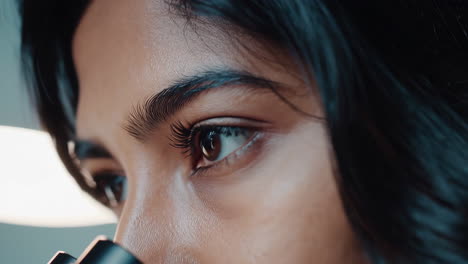 close-up of a person using a microscope in a lab