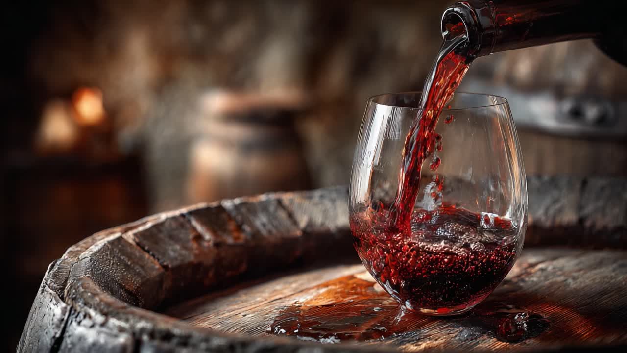 Capturante imagem de um rico vinho tinto sendo servido em uma taça de cristal, rodeada por barris rústicos de madeira, destacando o trabalho artesanal da vinificação