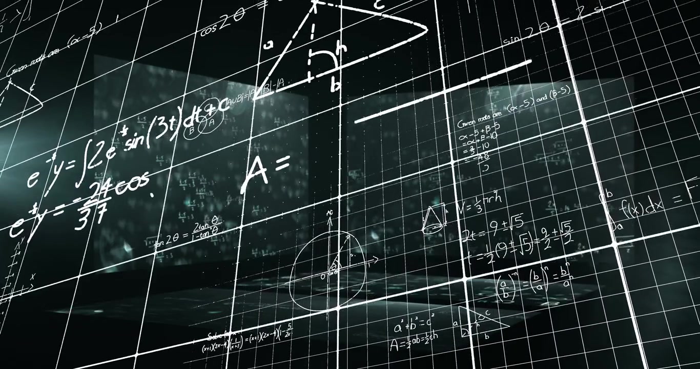 Animation of light trails over mathematical equations on black background