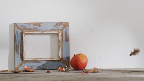 video of pumpkin with autumn leaves and frame with copy space on white background