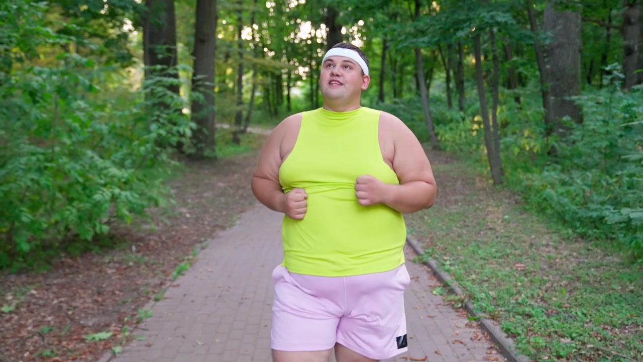 Uomo in sovrappeso che fa jogging con determinazione in un parco verde