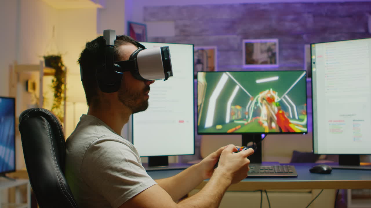 Young man playing shooter games