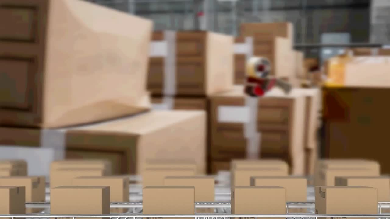 animación de cajas de cartón en cintas transportadoras en el almacén
