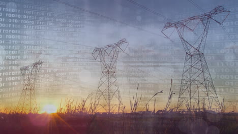 animación del procesamiento de datos y codificación binaria sobre el paisaje con torres eléctricas