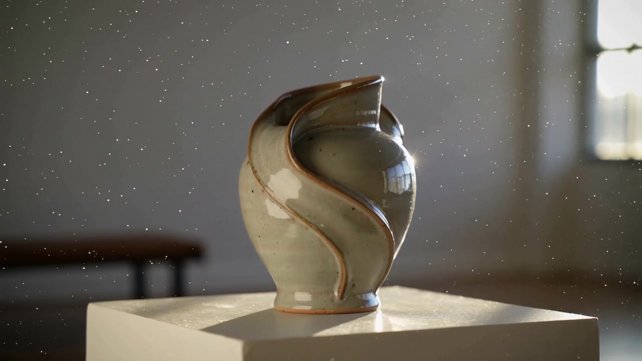 Rotating on plinth, ceramic vase showing spiral ribbon and shifting window highlights in studio