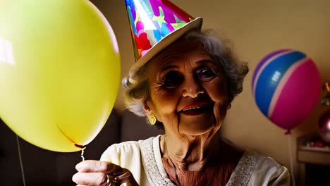 feliz cumpleaños: una mujer mayor celebra con globos y un sombrero de fiesta