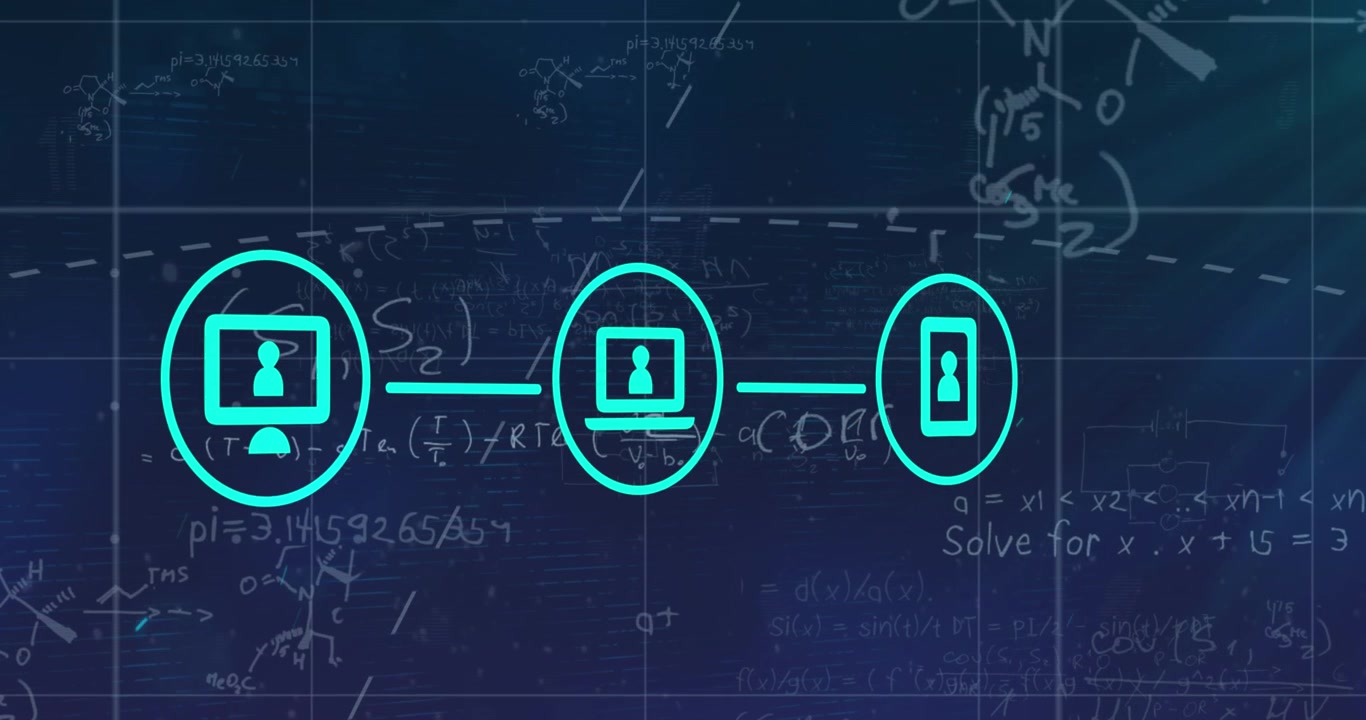 Animation of connections with icons and math formulas on navy background
