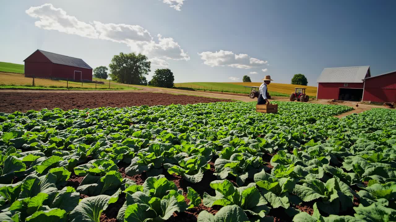 Wide-angle shot of a lush farm with red barns, a farmer tending crops under a clear sky