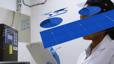 animación de procesamiento de datos financieros sobre una científica afroamericana que trabaja en un laboratorio