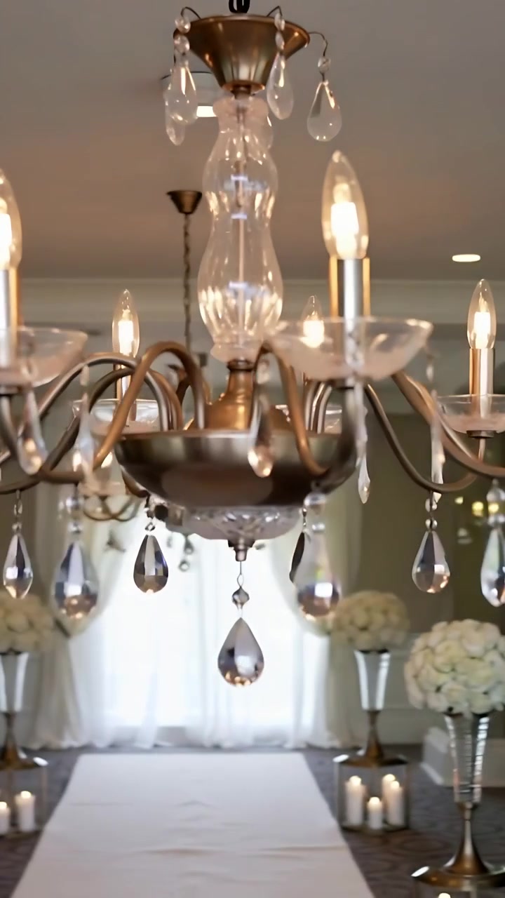 Video verticale: La telecamera si allontana e si inclina, rivelando un lampadario di cristallo per mostrare un elegante corridoio.