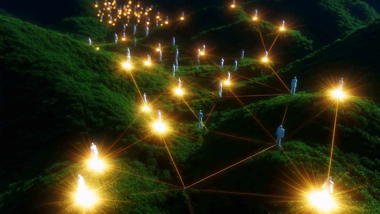An Enigmatic Network of Light and Figures: Glowing Points Forming Connections in a Lush Green Landscape, Symbolizing Unity and Interaction Within a Mystical Environment of Hills and Shadows