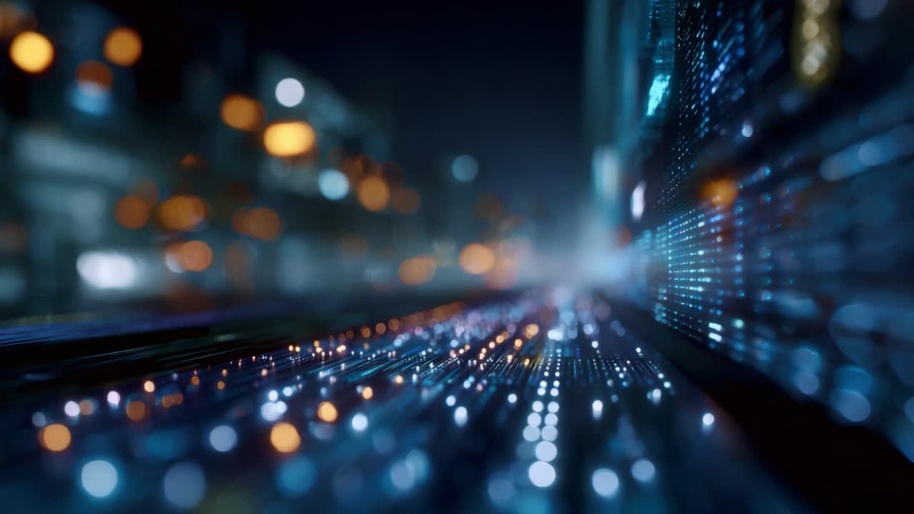 A Futuristic Digital Landscape with Glowing Light Trails and Blurred City Background, Capturing the Essence of Technology in Motion and Connectivity