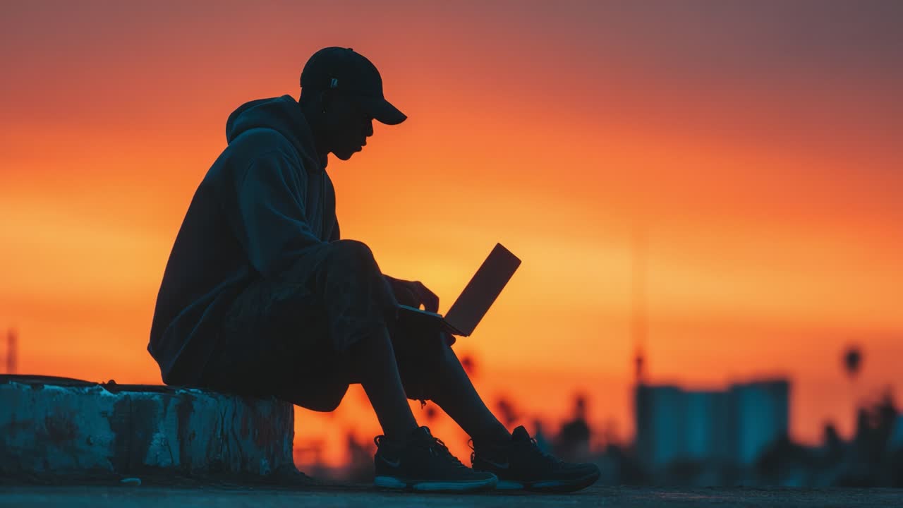 A Contemplative Evening: A Silhouette of a Person Working on a Laptop Against a Vibrant Sunset Sky with Glowing Orange and Purple Hues in the Background