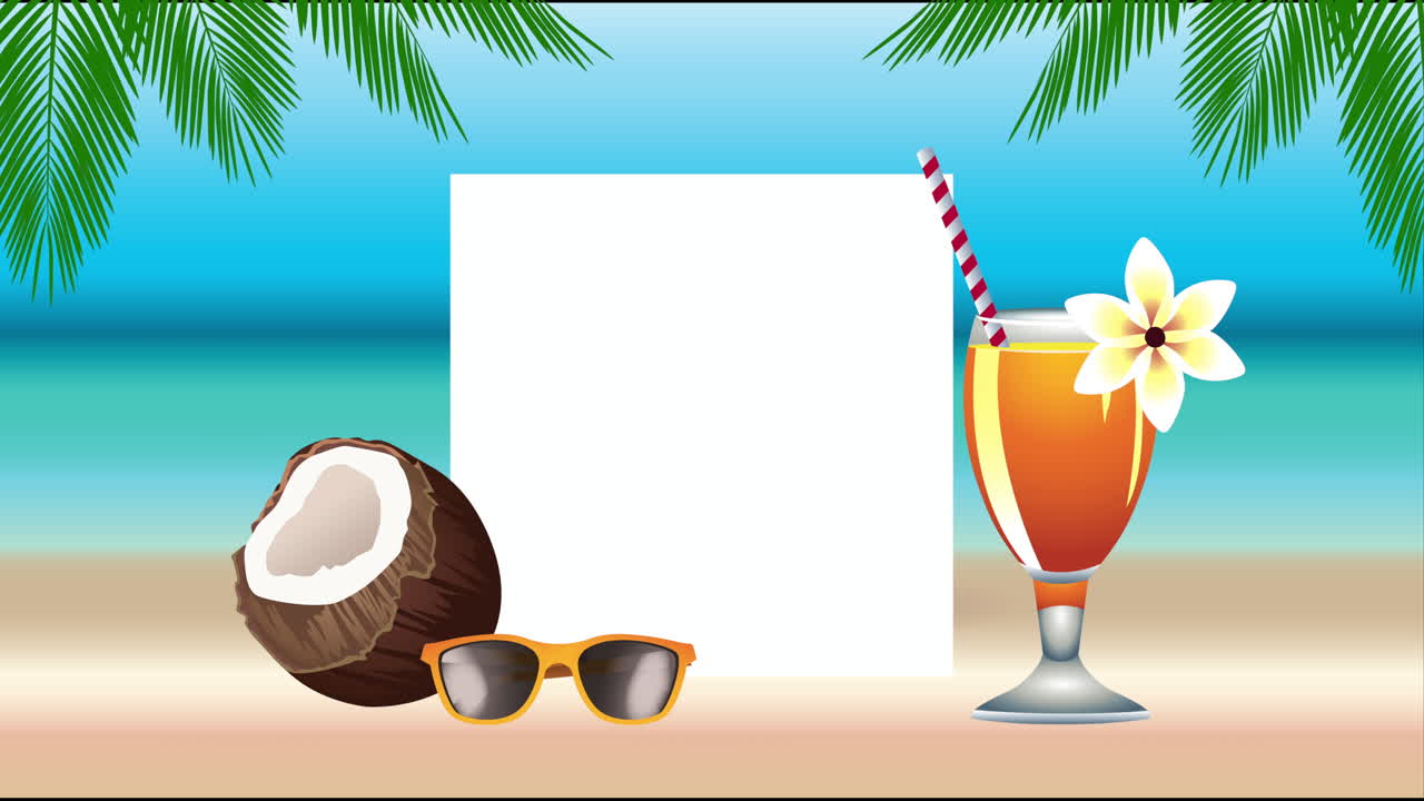poster de vacaciones de verano con coco y taza de cóctel tropical