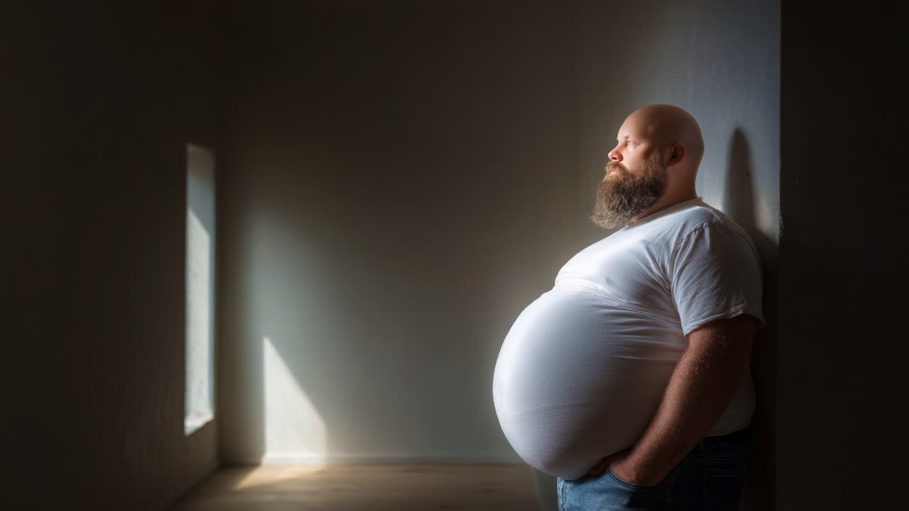 A contemplative moment captured in two frames, showcasing a man standing quietly in a serene space, reflecting on life while emphasizing his unique physique and presence