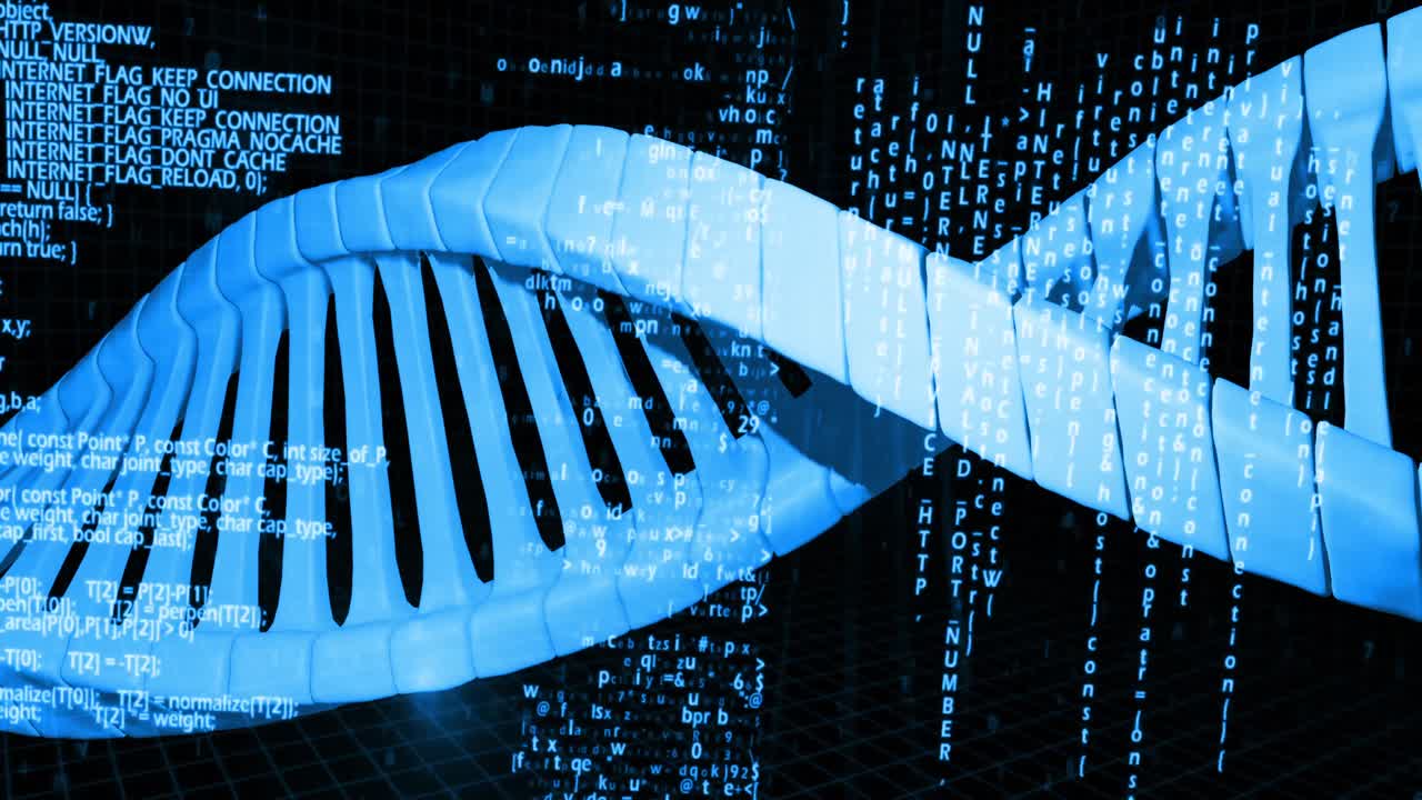 Animation of dna strand and data processing on black background