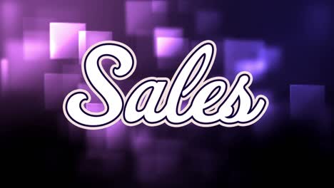 animation of sales white text over multiple purple squares in the background