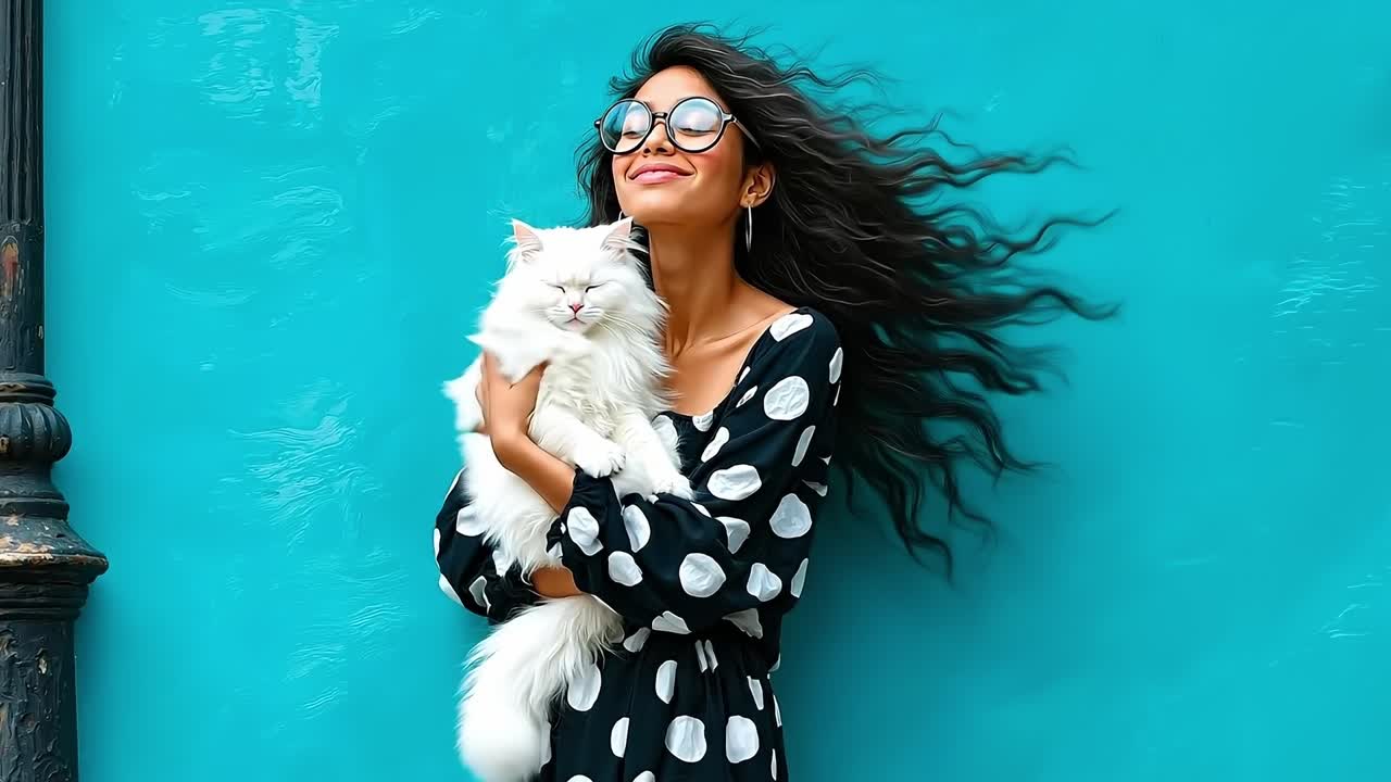 A woman holding a white cat in front of a blue wall