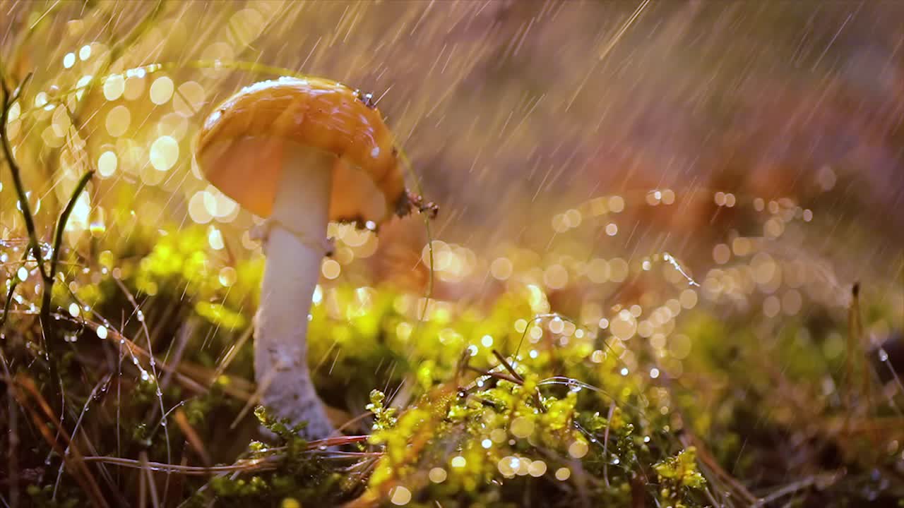 Amanita muscaria, Fly agaric Mushroom In a Sunny forest in the rain.
