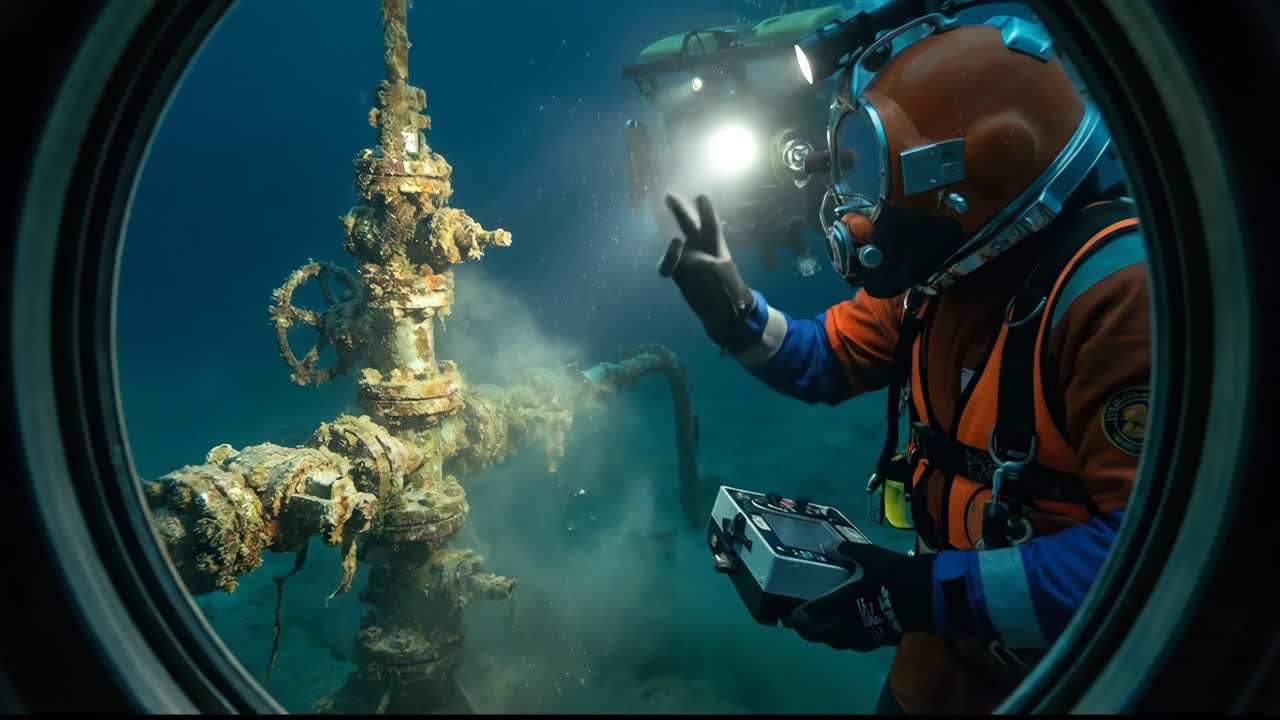 Plongeur professionnel inspectant une canalisation sous-marine depuis le hublot d’un submersible