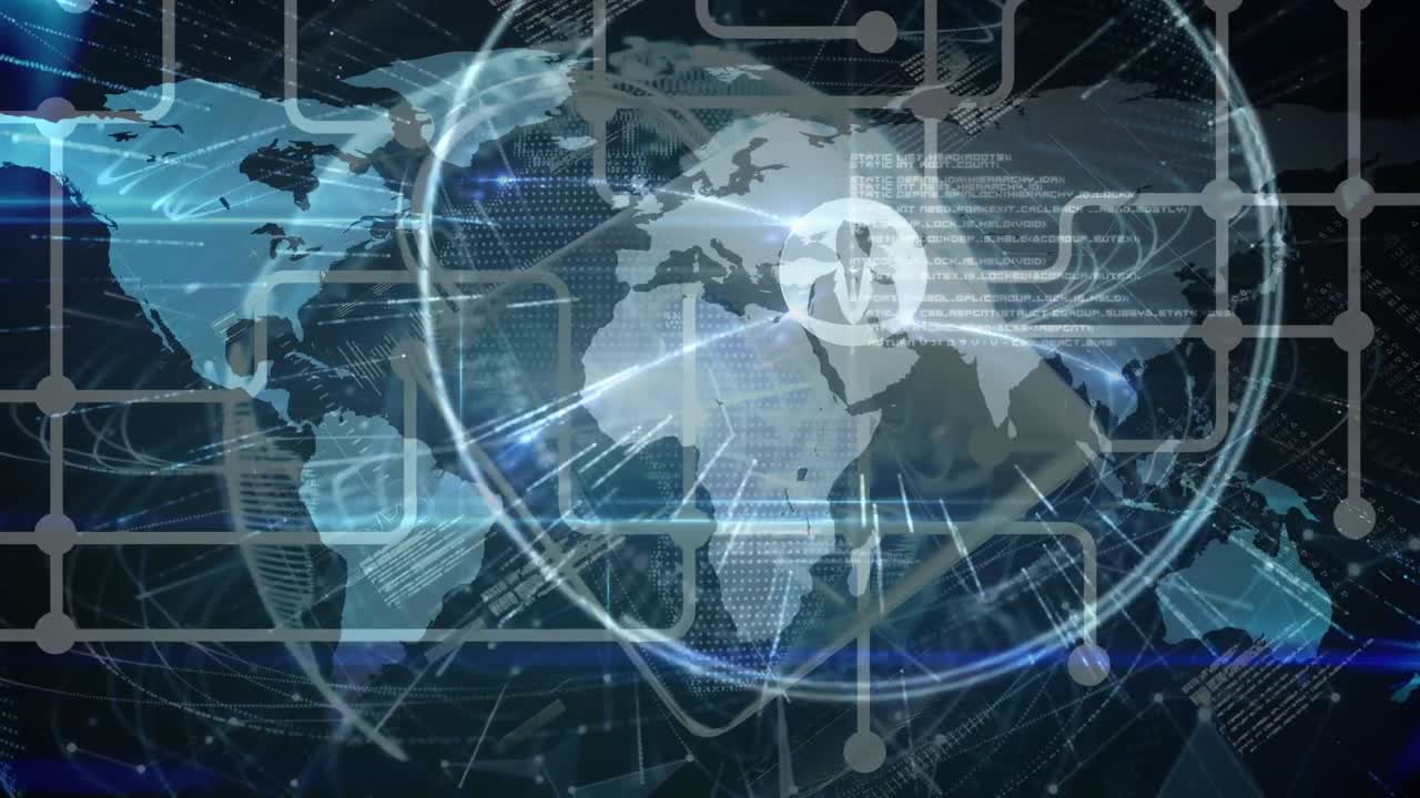 전 세계에 대한 연결 네트워크의 애니메이션, 세계 지도와 검은색 배경