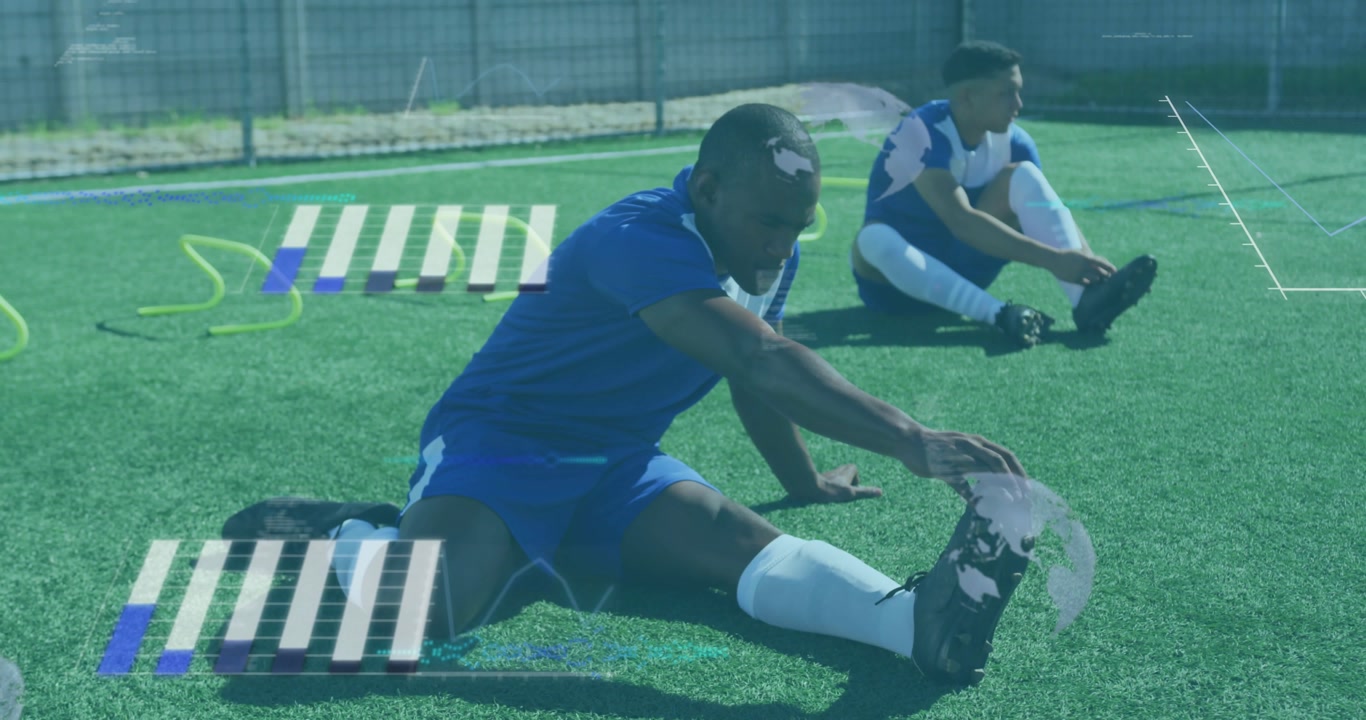 Soccer duo starting warmup on turf, lead player deepening pull on right foot, glitch map overlaying