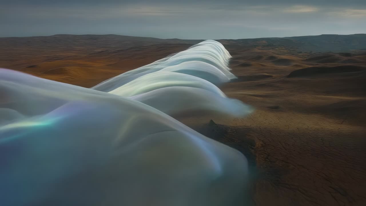 Unrolling translucent iridescent ribbon flowing across dry desert plain, wind pushing filaments