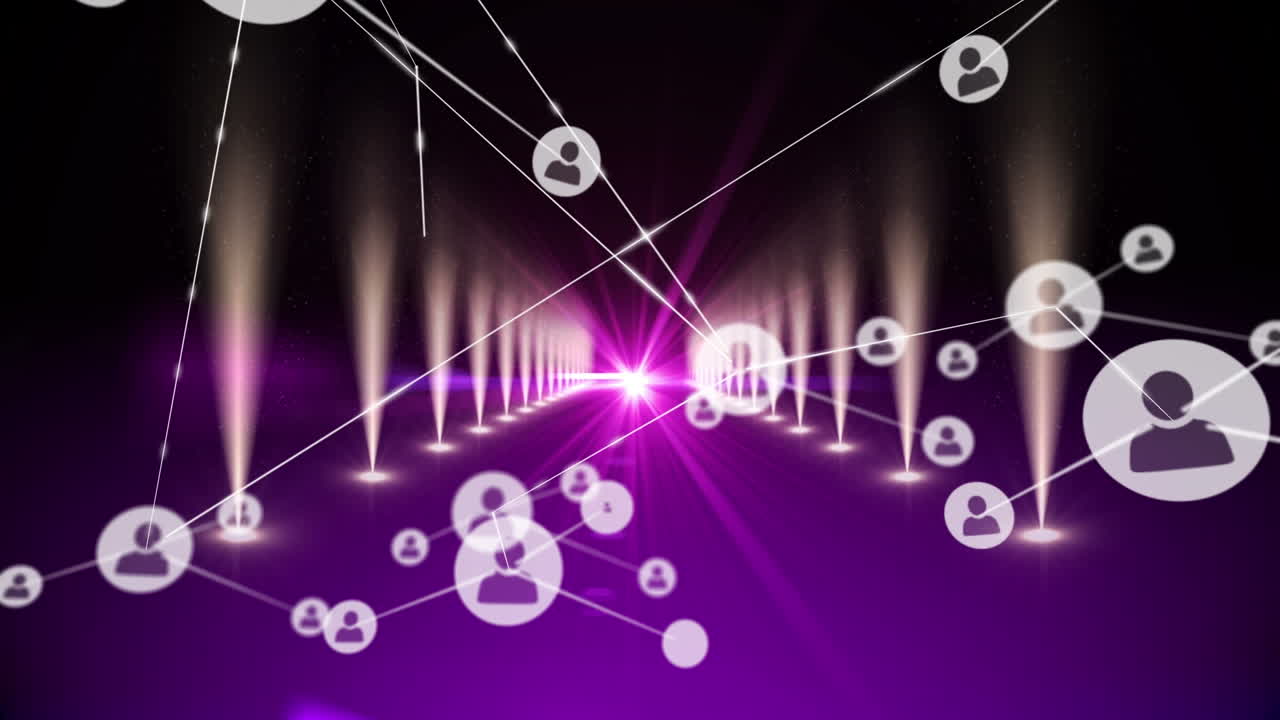 검은색 배경의 빛 트레일 위에 아이콘으로 연결 네트워크의 애니메이션