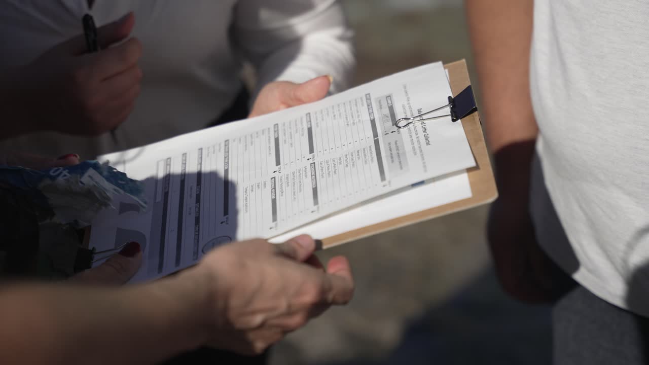 de cerca en las manos de un científico que llena un formulario científico oficial relacionado con el cambio climático