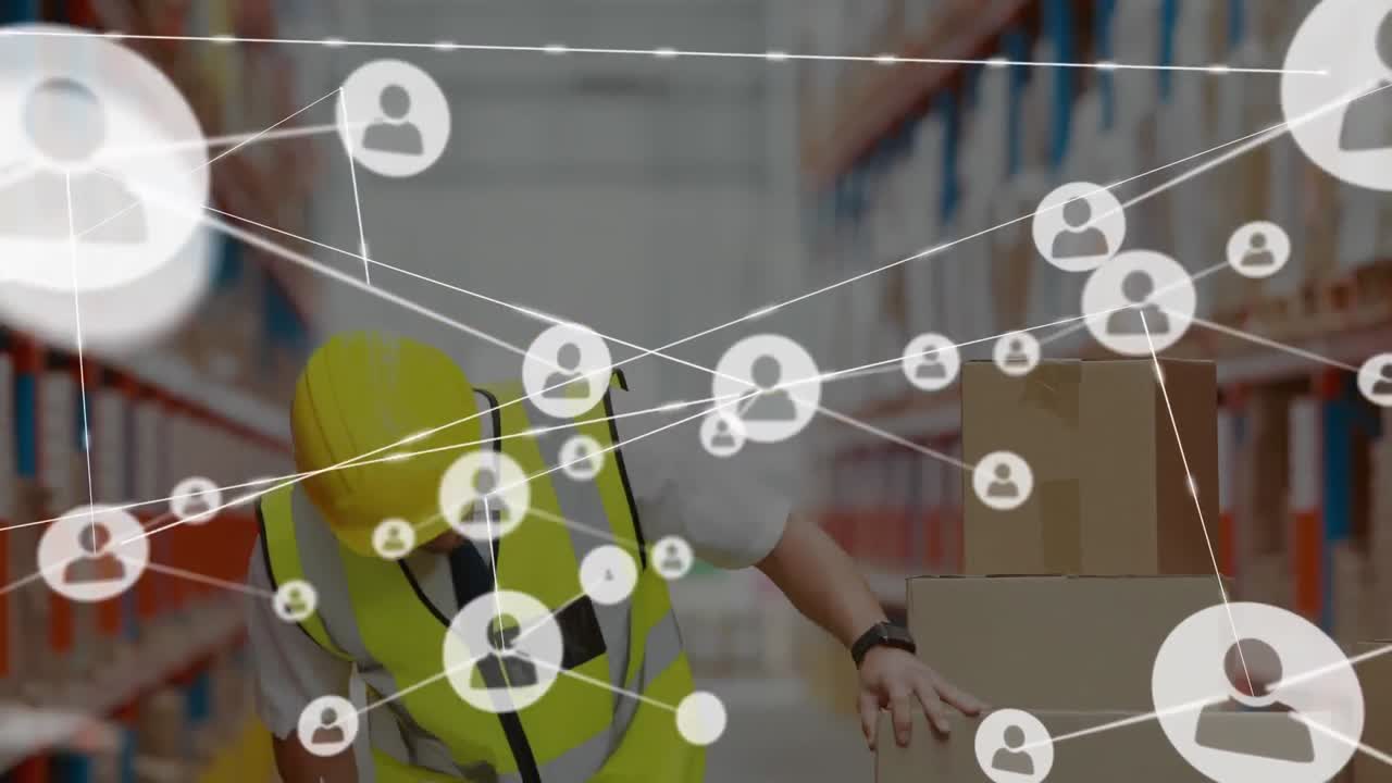 animación de la red de conexiones con iconos sobre trabajador masculino caucásico sobre almacén.