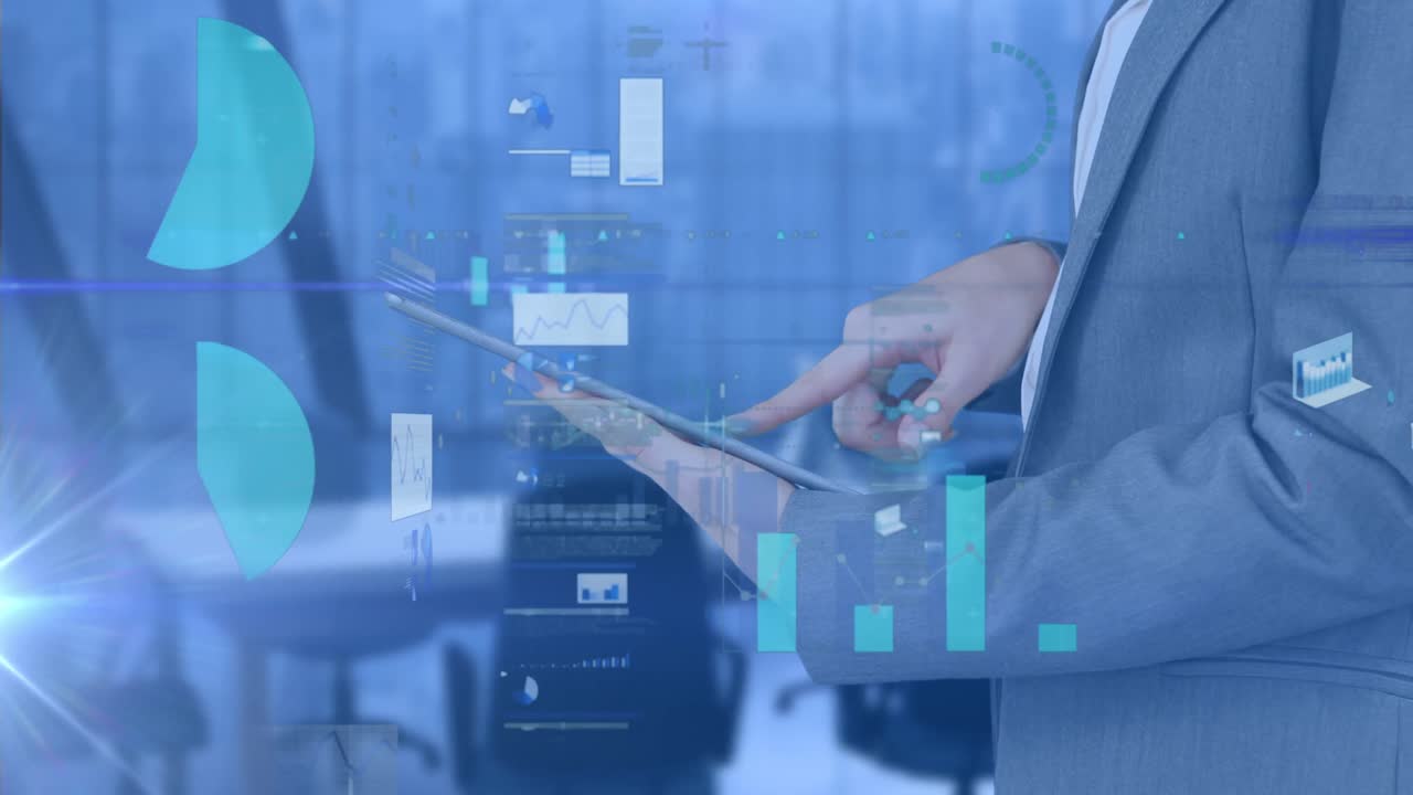 Animation of financial data processing over businessman using tablet in office
