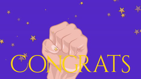 animation of stars and fist with congratulations on blue background