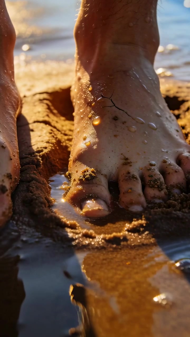 Video verticale: Un piede nudo che si posa e affonda nella sabbia bagnata in spiaggia, testando l'acqua di una pozzanghera poco profonda.
