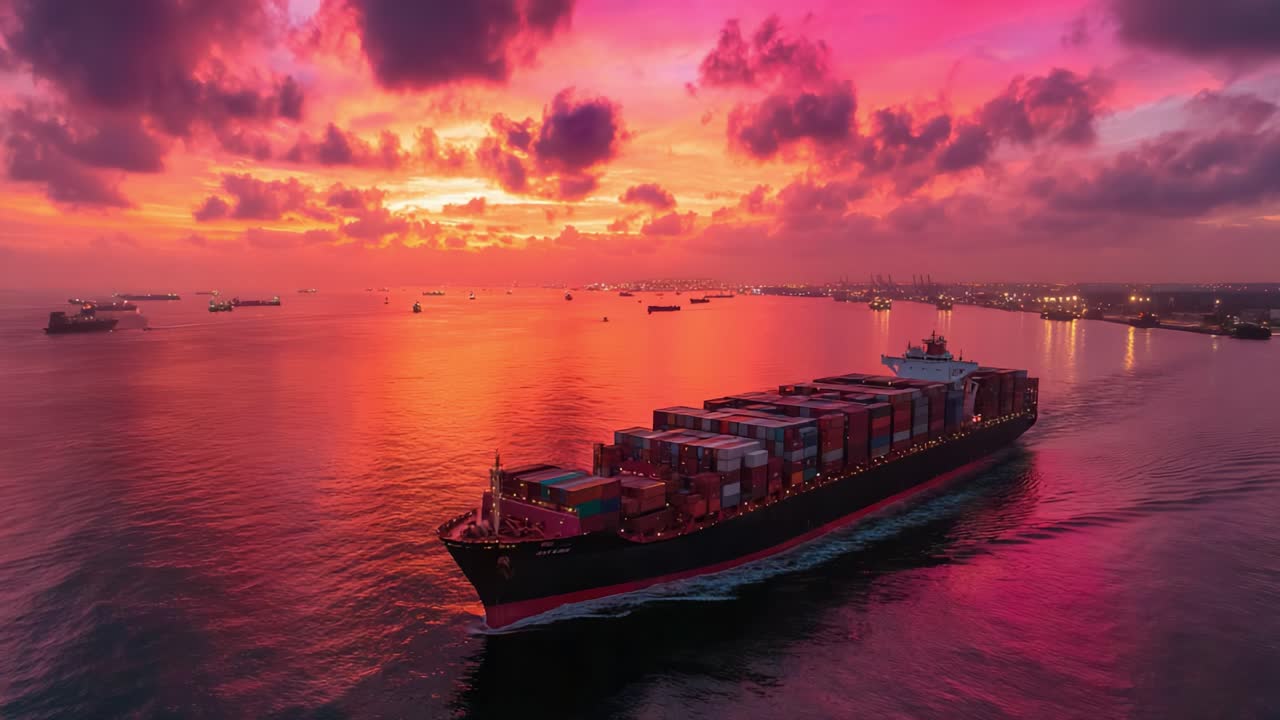 A Majestic Container Ship Navigating Through Vibrant Sunset Waters, Bathed in a Spectacular Palette of Warm Colors Reflecting on the Calm Ocean Surface
