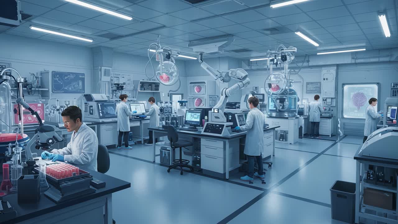 Advanced Laboratory Setting with Multiple Scientists Engaging in Research Using High-Tech Equipment and Robotic Assistance in a Cleanroom Environment