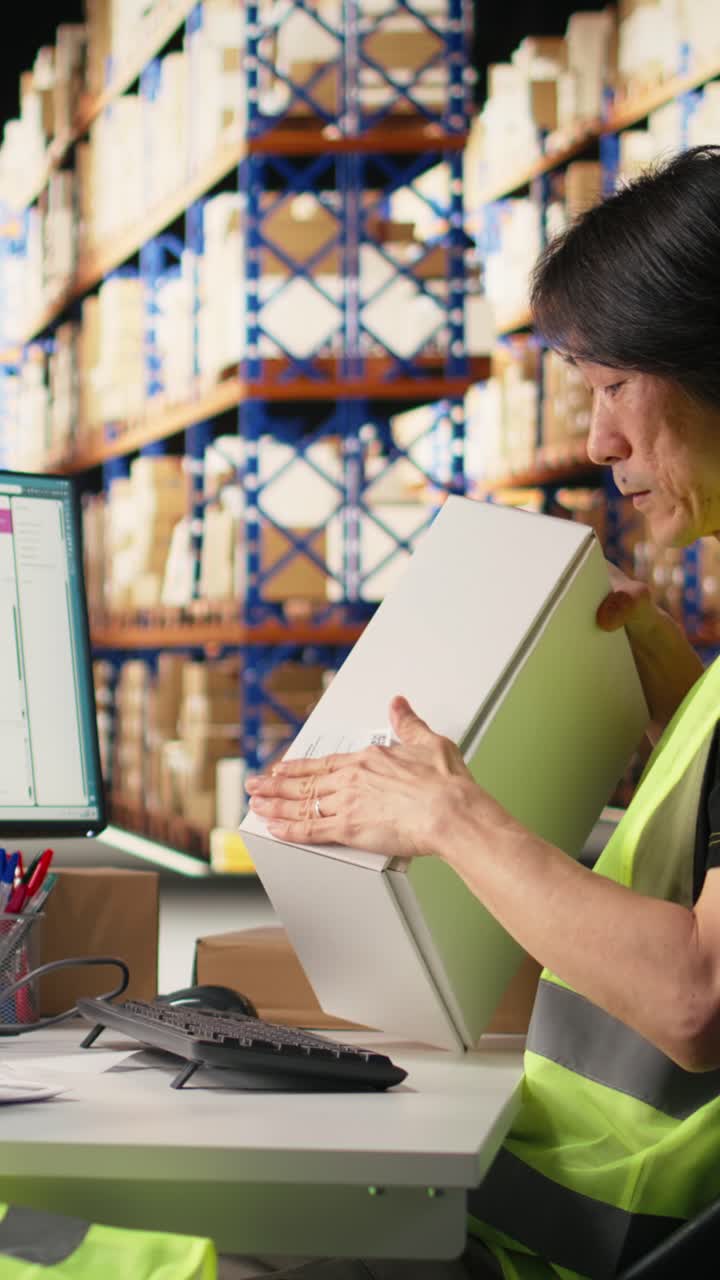 Vertical Video Asian staff manages awb labeling and scanning barcodes before dispatch