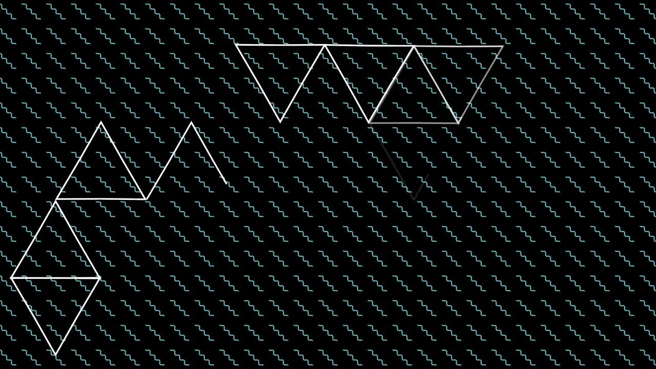 검은색 배경에 파동선 그리드에서 움직이는  ⁇ 색 선 삼각형의 애니메이션