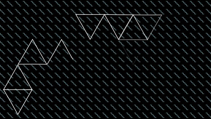 Animation of white line triangles moving on grid of wavy lines, on black background