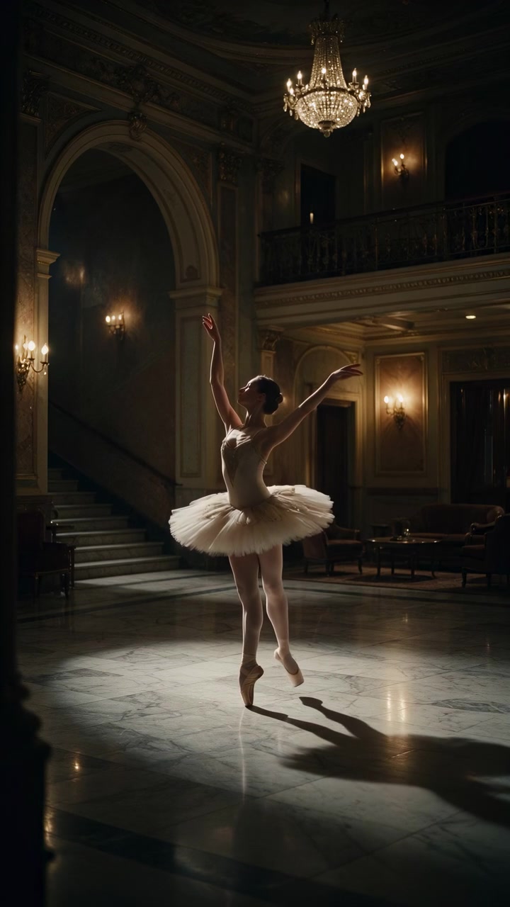 Female ballet dancer balanced en pointe in classical arabesque within ornate historic lobby, extended leg, lifted arms, upright posture, and soft dramatic light creating refined luxury mood